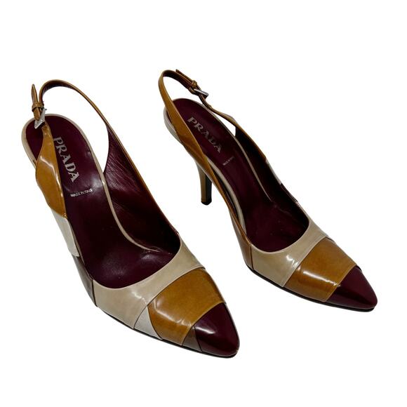 Prada Vintage Y2K Brown Leather Slingback Mule Pumps Logo Heels EU 39 - Picture 1 of 9